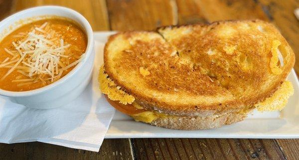 Grilled cheddar on sourdough with chèvre tomato soup!