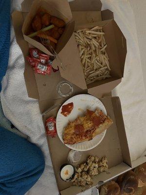 Fries, pizza, boneless wings