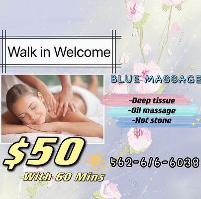 Different type of massage.Call to make an appointment now !