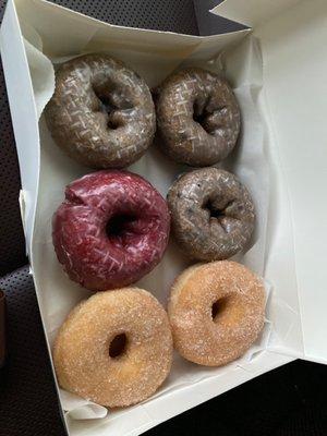 Blueberry cake, red velvet cake, and cinnamon sugar donuts.