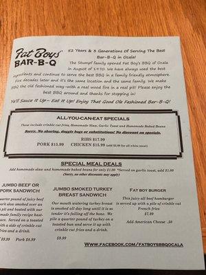 Front page of menu