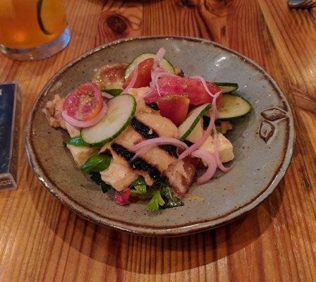 Panzanella- Heirloom tomatoes, sungolds, mozzarella, cucumbers, grilled bread, pickled onions [12]