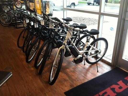 We have a full line of E-bikes in stock.  Be sure to stop by for a test ride!