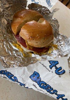 Bagel Bomb with Taylor ham, egg, cheese, has brown  Side 1