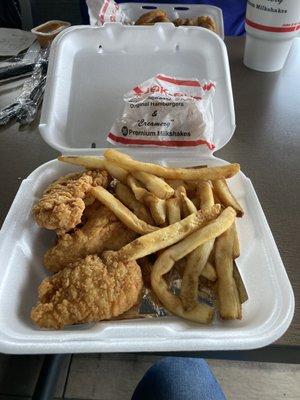 Chicken strips tray with fries and cheese curds