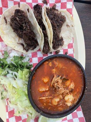 Posole and Barbacoa tacos