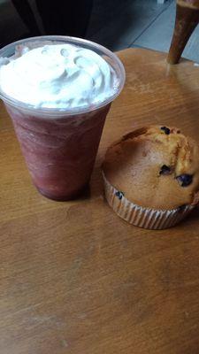 Strawberry & Banana Smoothie with a Blueberry Muffin