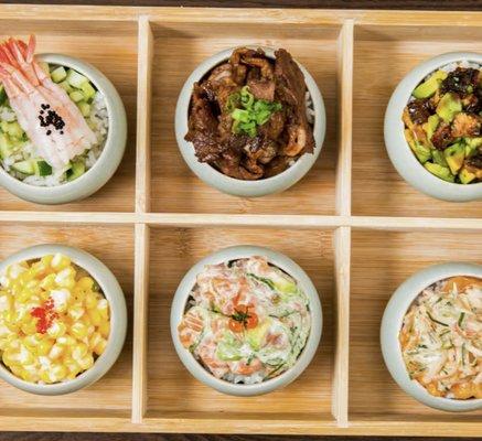 Mini Donburi Set: Sweet Shrimp, beef, avocado eel, creamy corn, salmon tuna tartare, spicy salmon kani.