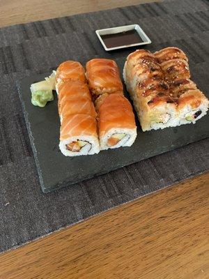 Salmon and baked salmon. Pieces are small.