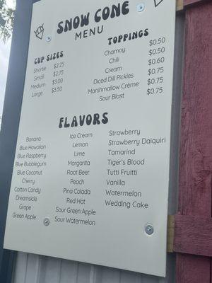 Snow cone menu