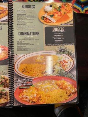 Menu, burritos and combinations