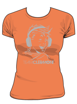 Team Clermont music PR orange ladies t-shirt with headphone kid logo.  Design by Nelson Wells, Athens, GA