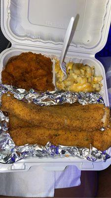 Catfish candy yams and Mac and cheese