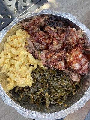 Brisket, mac, collard greens