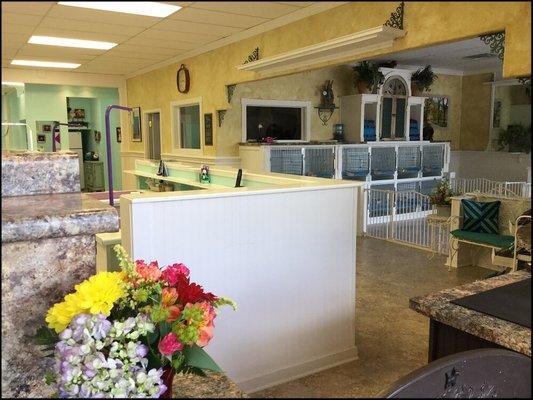 Grooming area on the left, day care on the right, viewed from front lobby.