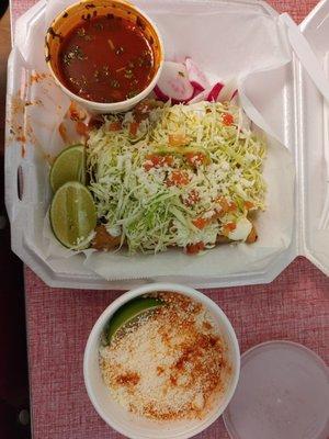 On top is Birria Taquitos, and on the bottom is the Esquites.