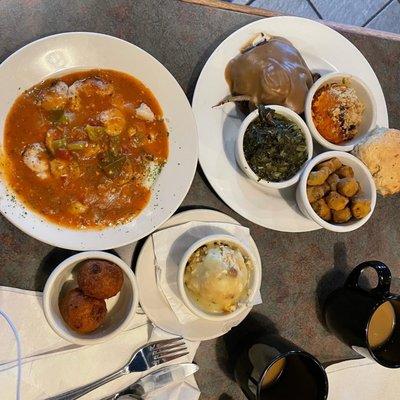 Shrimp & grits, cornbread dressing & hush puppies Hamburger steak w/ greens, okra, cheese buscuit & sweet potato casserole