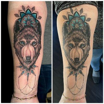 Fresh tattoo on the left fully healed on the right. Tattoo made by Juarez