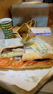 November 2021 roast beef returns!!! Footlong combo add lettuce tomato black pepper provolone cheese vinegar and oil