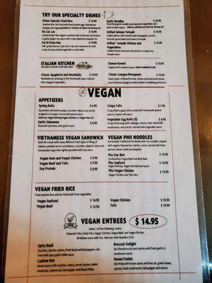 Vegan menu and speciality selections.