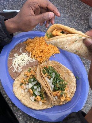 Chicken tacos with rice & beans