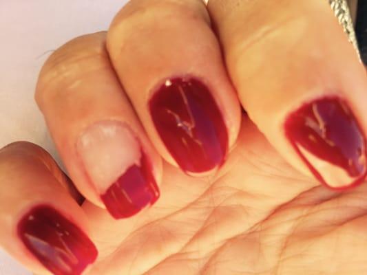 The shellac on my cuticles was so thick the owner pulled peeled it off. I was CHARGED full price because he offered to re do it.