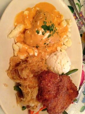 Hungarian Combo Plate: Chicken Paprikas (w/dumplings), Stuffed Cabbage & Breaded Pork Chop ~