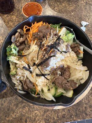 Soopreme Bimimbap with beef, beef bulgogi, pork dumplings, beef bulgogi, Shrimp Tempura Ramen