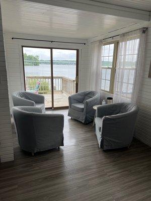 Sitting area with a view of lake.