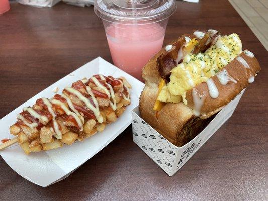 Potato mozza dog and Bacon and egg cheese toast