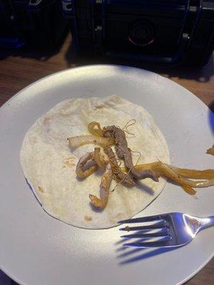 To go chicken/steak fajitas complete with (non edible) string!