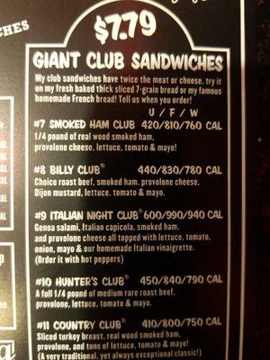 Giant club sandwiches:  smoked ham,  roast beef,  salami,  Capicola options are available.