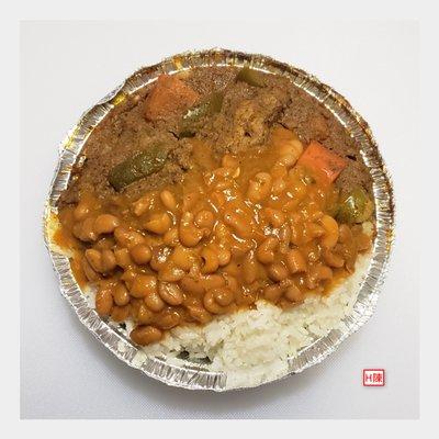 Carne de Res Guisado aka beef & vegetable stew with rice & beans (half cup shown) for $7 all-in...