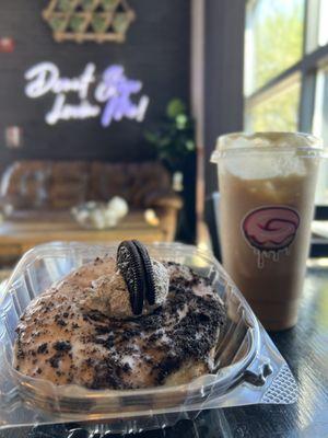 Cookies & Cream Donut and Iced vanilla coffee.