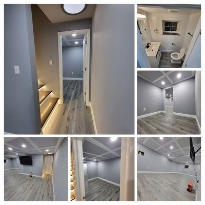 Basement Remodel, custom coffered ceiling, custom stair lighting, red oak treads, half bathroom, red oak window sills