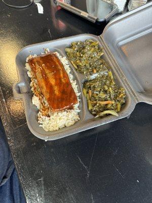 Jerk Salmon, Greens and white rice