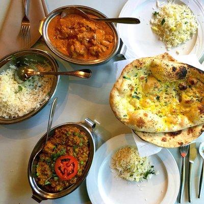 Eggplant bhartha, chicken korma, rice and garlic naan =)