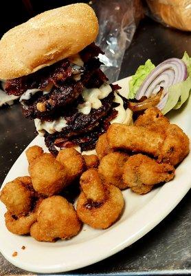 Triple Bacon Mushroom Swiss Burger w Breaded Mushrooms