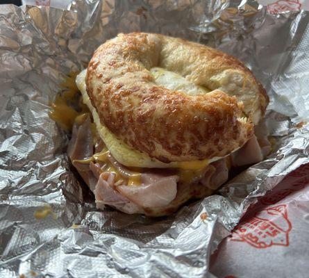 Ham, Cheese, and Egg on Asiago Bagel