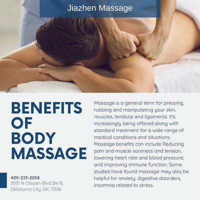 Jiazhen Massage
 3001 N Classen Blvd Ste B, Oklahoma City, OK 73106
 Call us at 405-223-2058