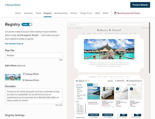 Wedding website registry design interface.