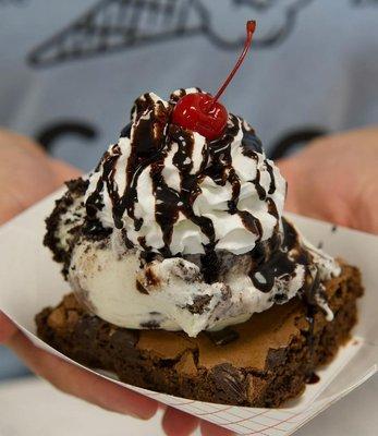 Brownie Sundae. 
Scratch made Brownie,
Your choice of Ice Cream, Hot fudge, whipped cream and a cherrry