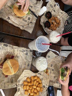 BROWNIE MILKSHAKE, STRAWBERRY SHORTCAKE MILKSHAKE, TATER TOTS,  BOURBON BACON BURGER, CLASSIC, CHICKEN TENDERS