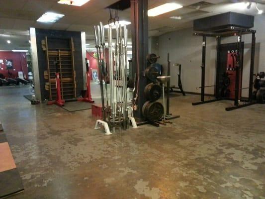 15lb training bars and 45lb bars with different grip textures.