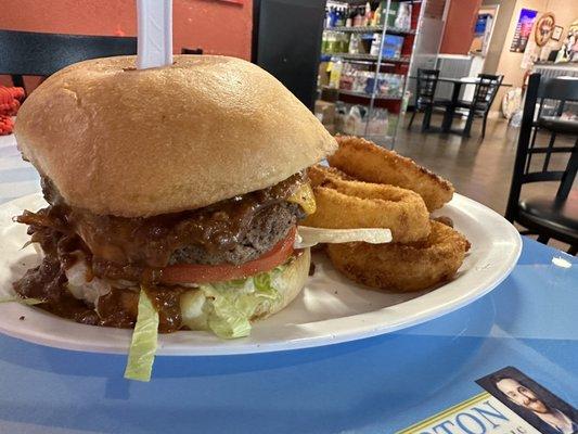 Chili queso burger with onion rings