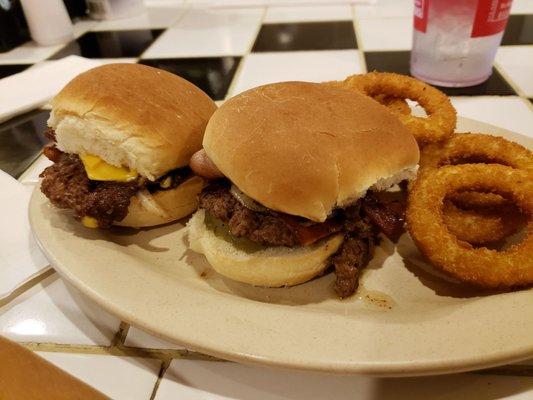 Double bacon cheeseburgers and onion rings