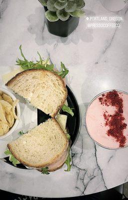 Avocado Toast and iced matcha w/raspberry cold foam