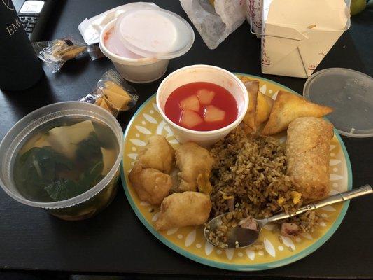 Wonton soup, sweet and sour chicken, fried rice, krab Rangoon, egg roll. Ton of food for $17.