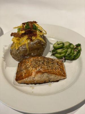 Atlantic Salmon baked potato pickled cucumbers