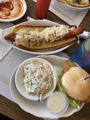 Foot long with sauerkraut, fish sandwich